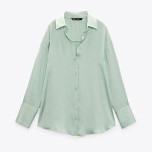 ZARA Light Green Flowy Satin Silk Effect Button-Down Shirt Blouse - XS